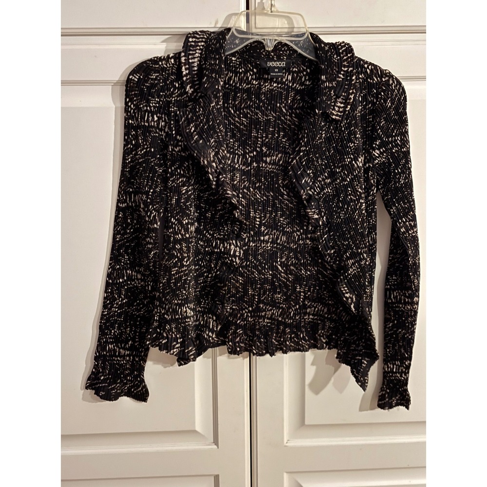 Veeca Womens Black White Abstract Print Pleated Long Sleeve Shirt Top XS‎